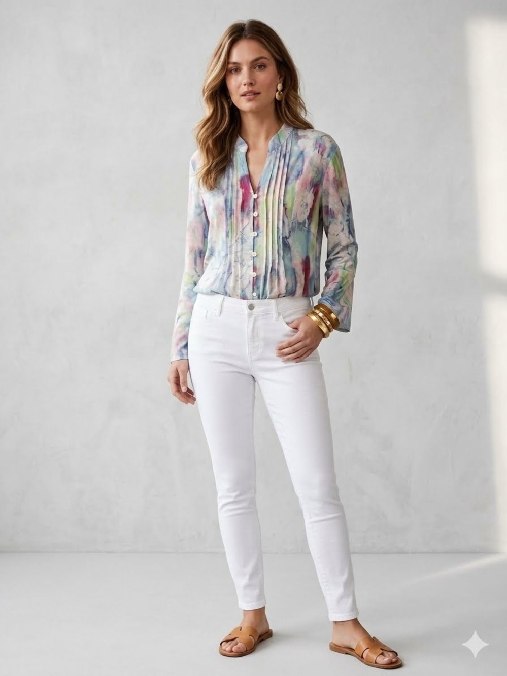 Watercolor Abstract Pintuck Blouse with bell sleeves